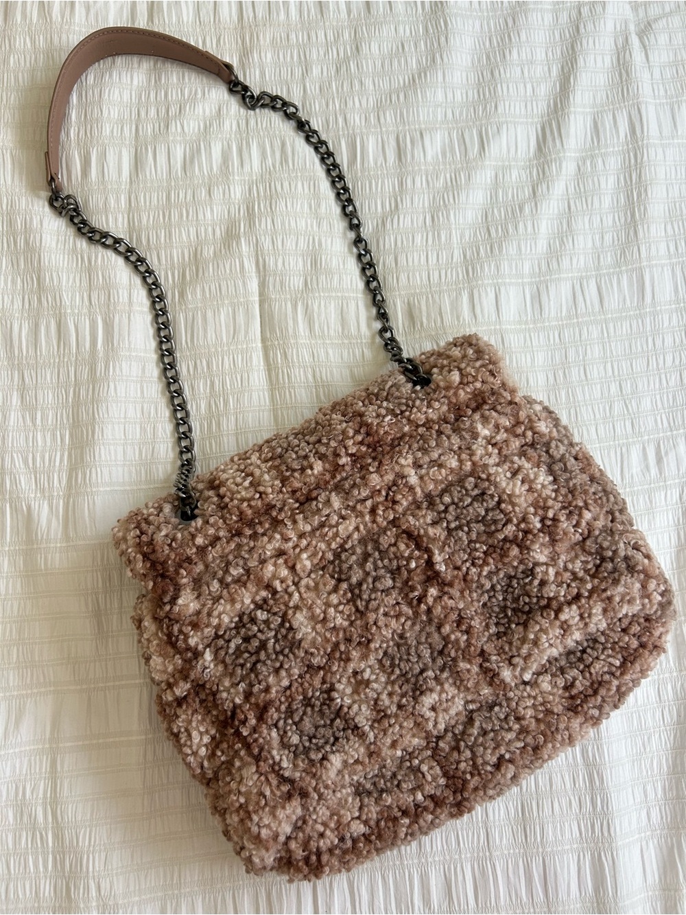 Zara Plush Teddy Chain-Handle Shoulder Bag in Taupe